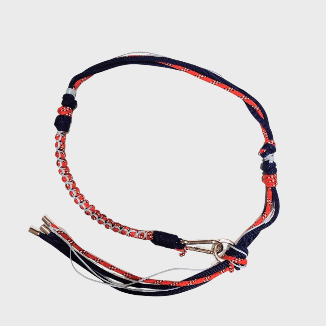 Navy, red and white handmade macramé belt with a silver clasp