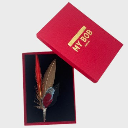 Red, Blue, black and brown feather brooch in a box on a light gray background