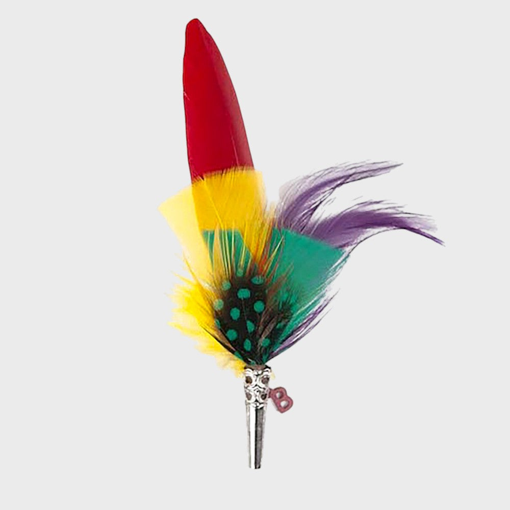 Red, yellow, purple and green feathered brooch on a light gray background