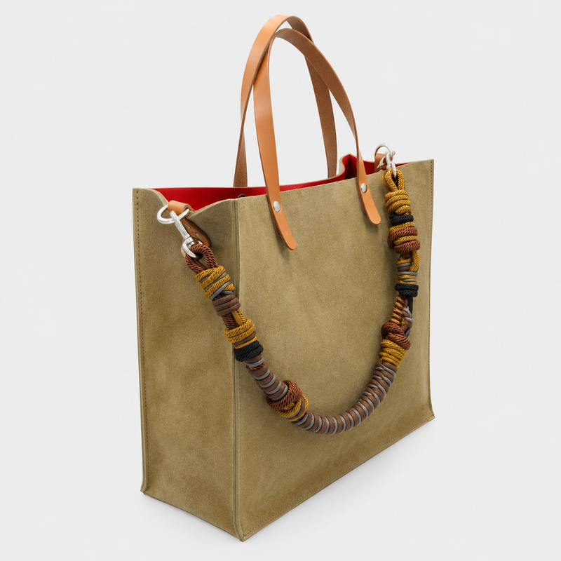 A large green suede tote bag with light brown leather shoulder straps and a thick braided multicolor macrame strap, shown against a light gray background.