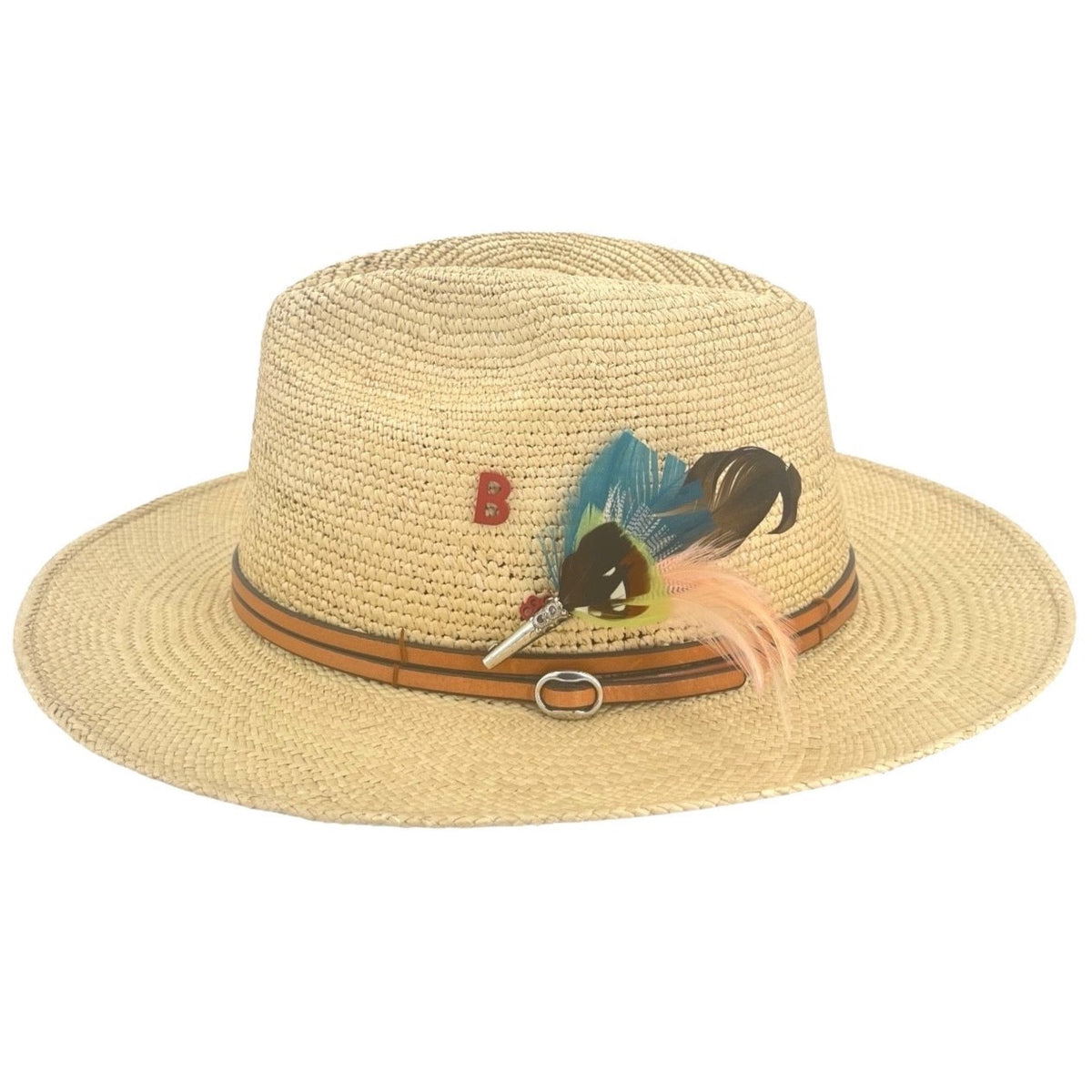 A straw hat with a double brown leather band and a feather brooch pinned to it. 
