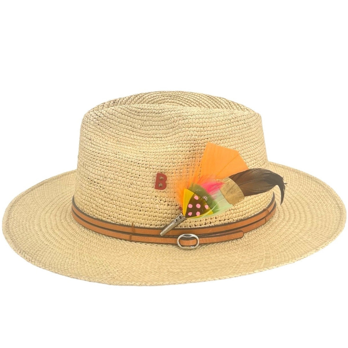 A straw beige hat with a brown double leather band and a colourful feather brooch. 