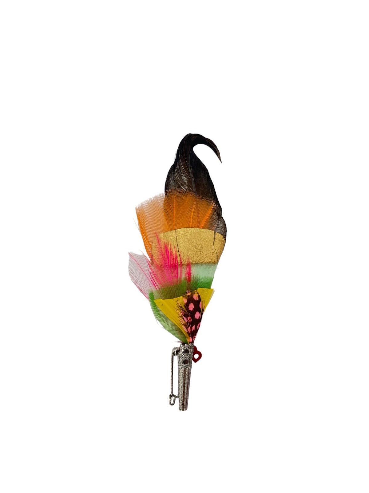 A colourful feather brooch with a silver clasp. 