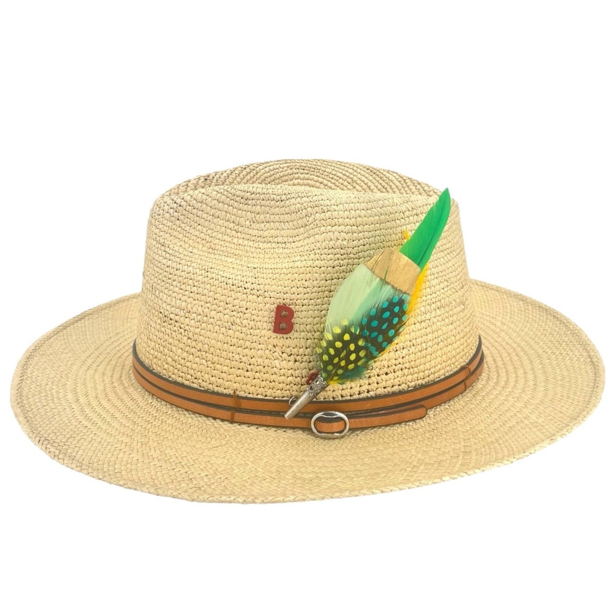 A straw hat with a double leather band and a colourful feather brooch. 