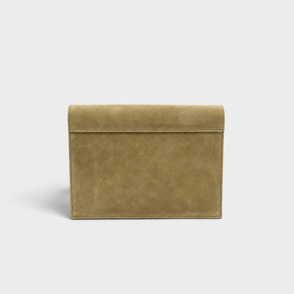 The back of a rectangular suede clutch bag in a muted olive green colour, shown against a solid light gray background.