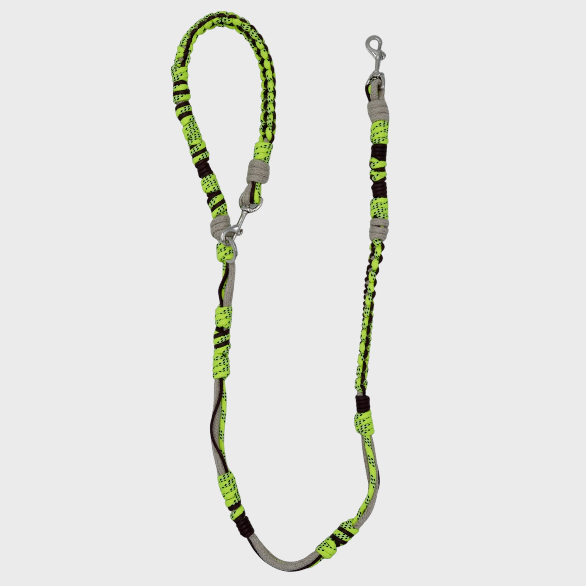 A braided macramé dog leash with neon yellow and beige woven sections, and a silver metal hardware