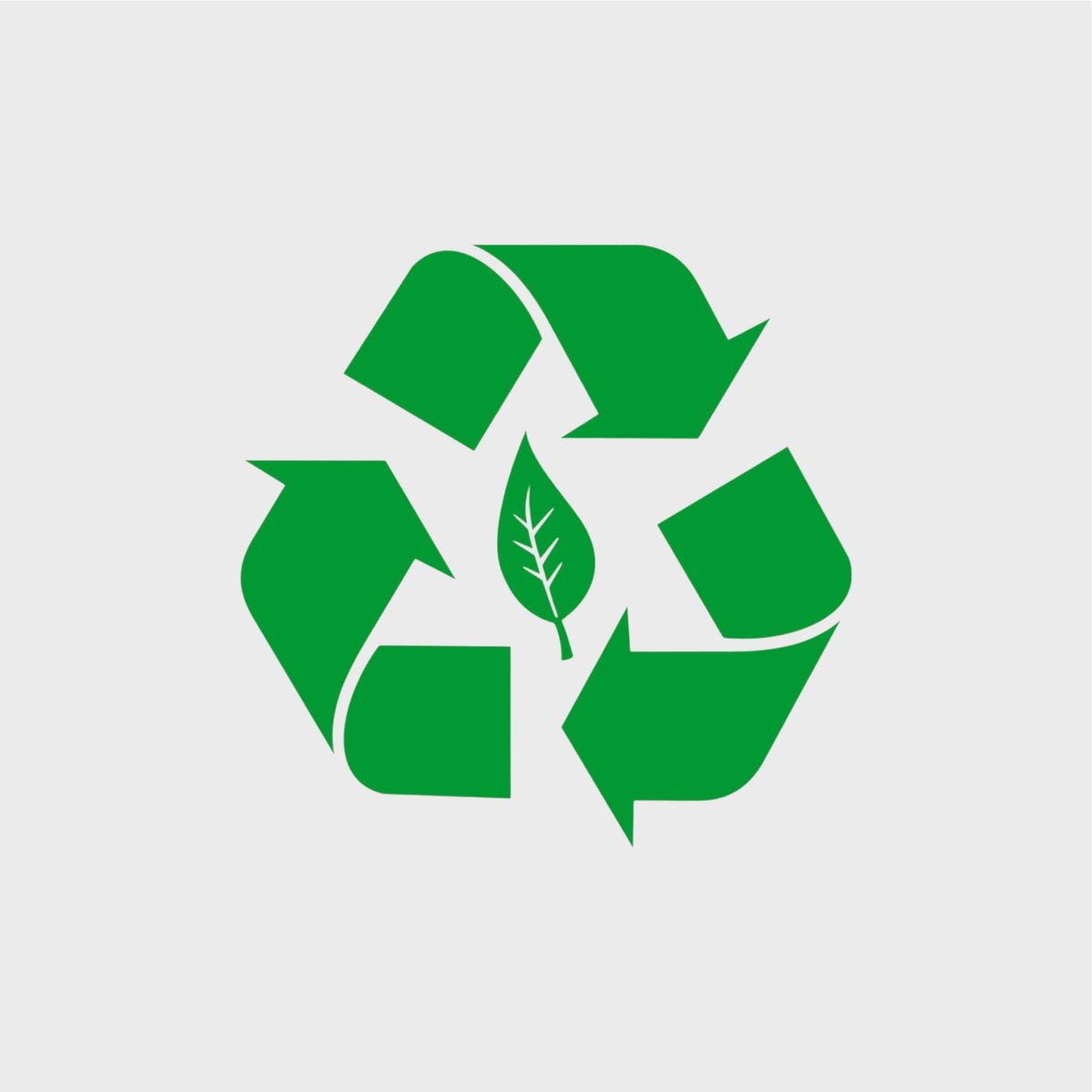 Green recycling symbol with a leaf on a light gray background