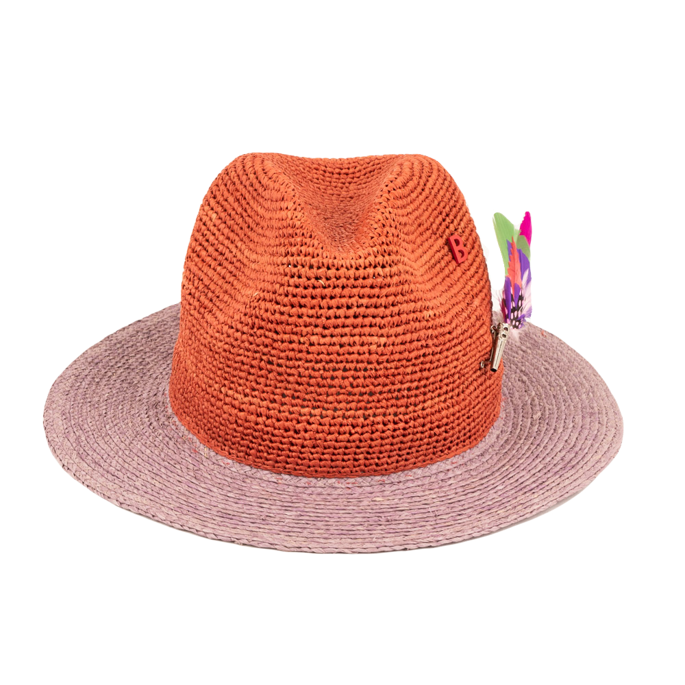 FEDORA Raffia bi-colour Parma & Terracotta with FEATHER