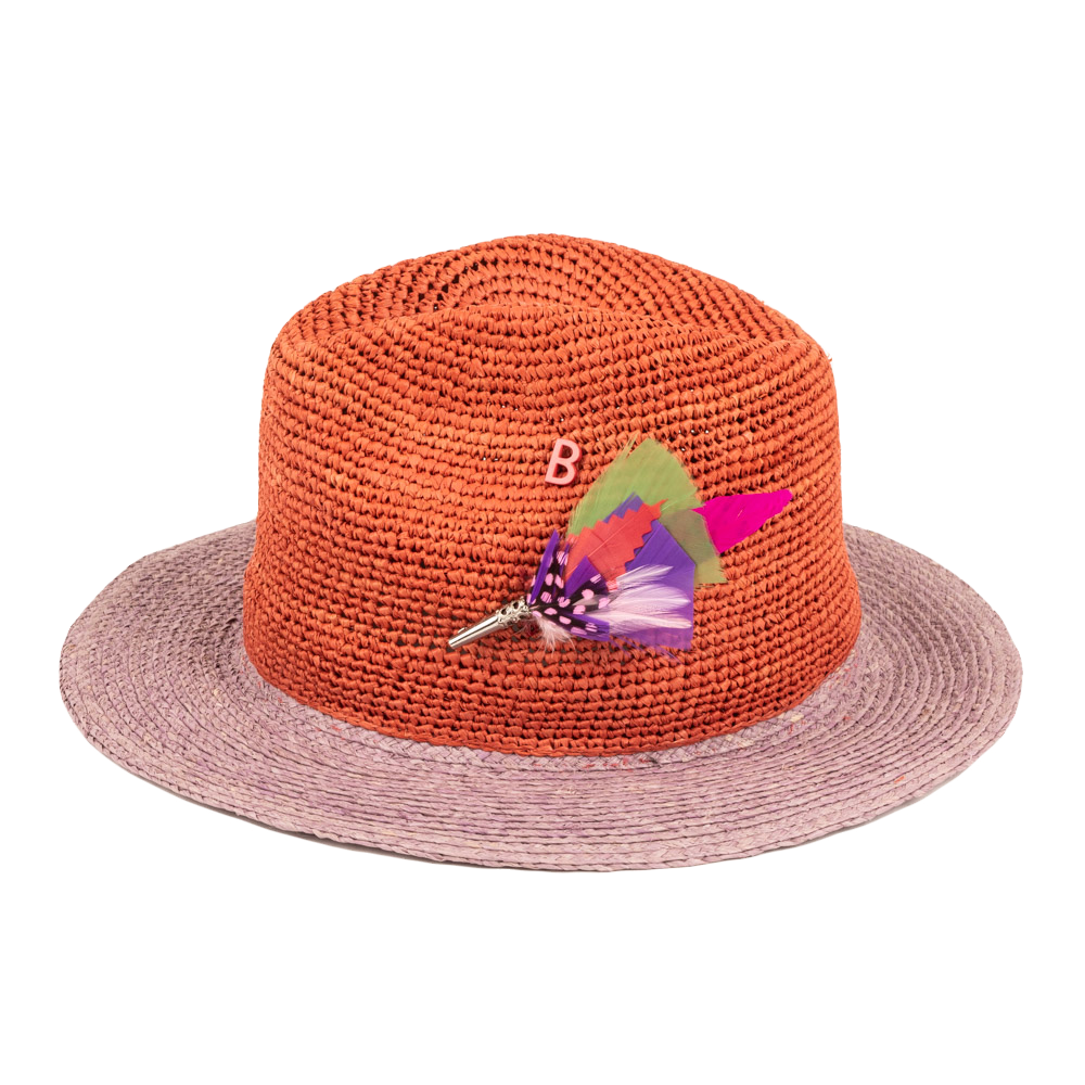 FEDORA Raffia bi-colour Parma & Terracotta with FEATHER