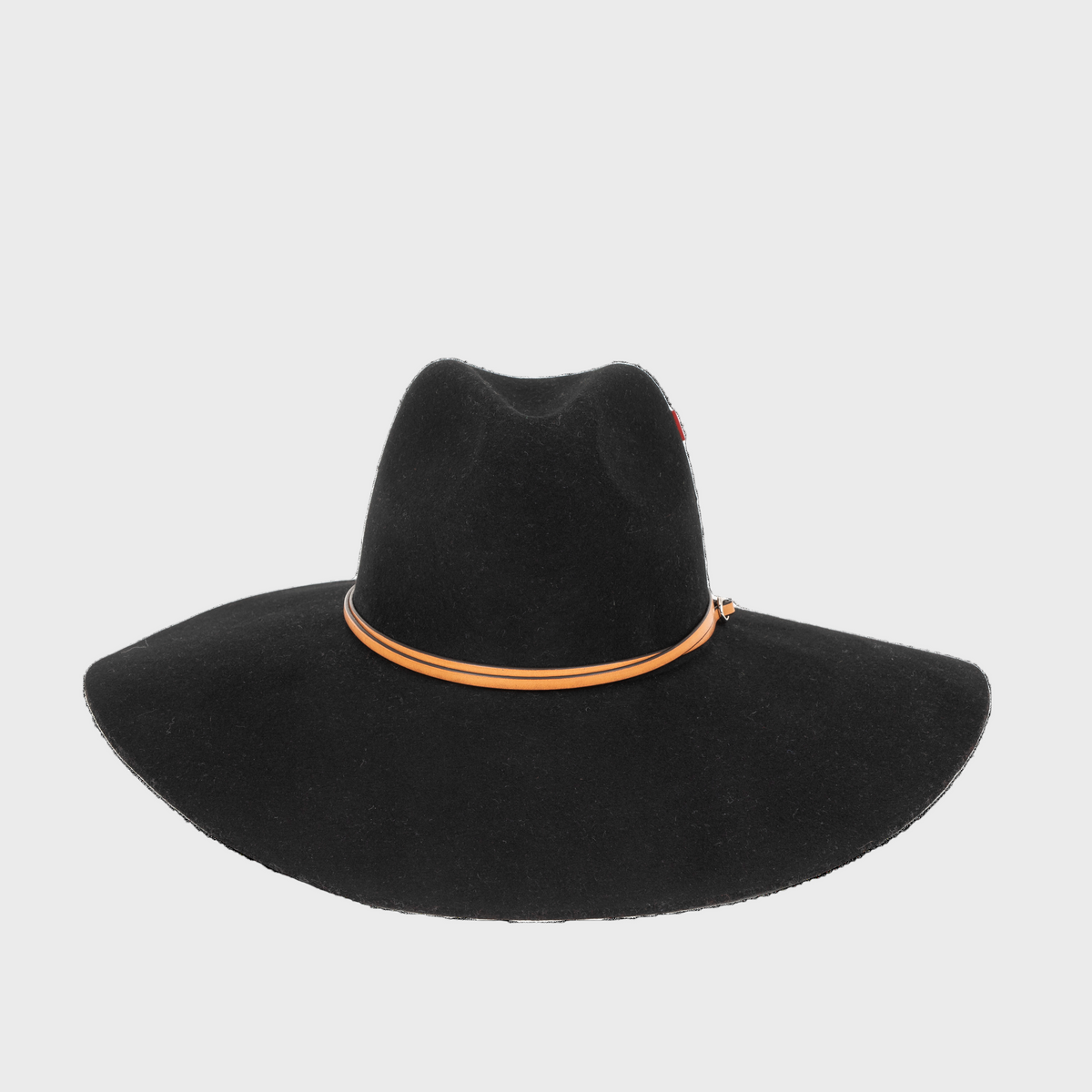 Black wool wide-brimmed hat with a brown leather band on a light gray background