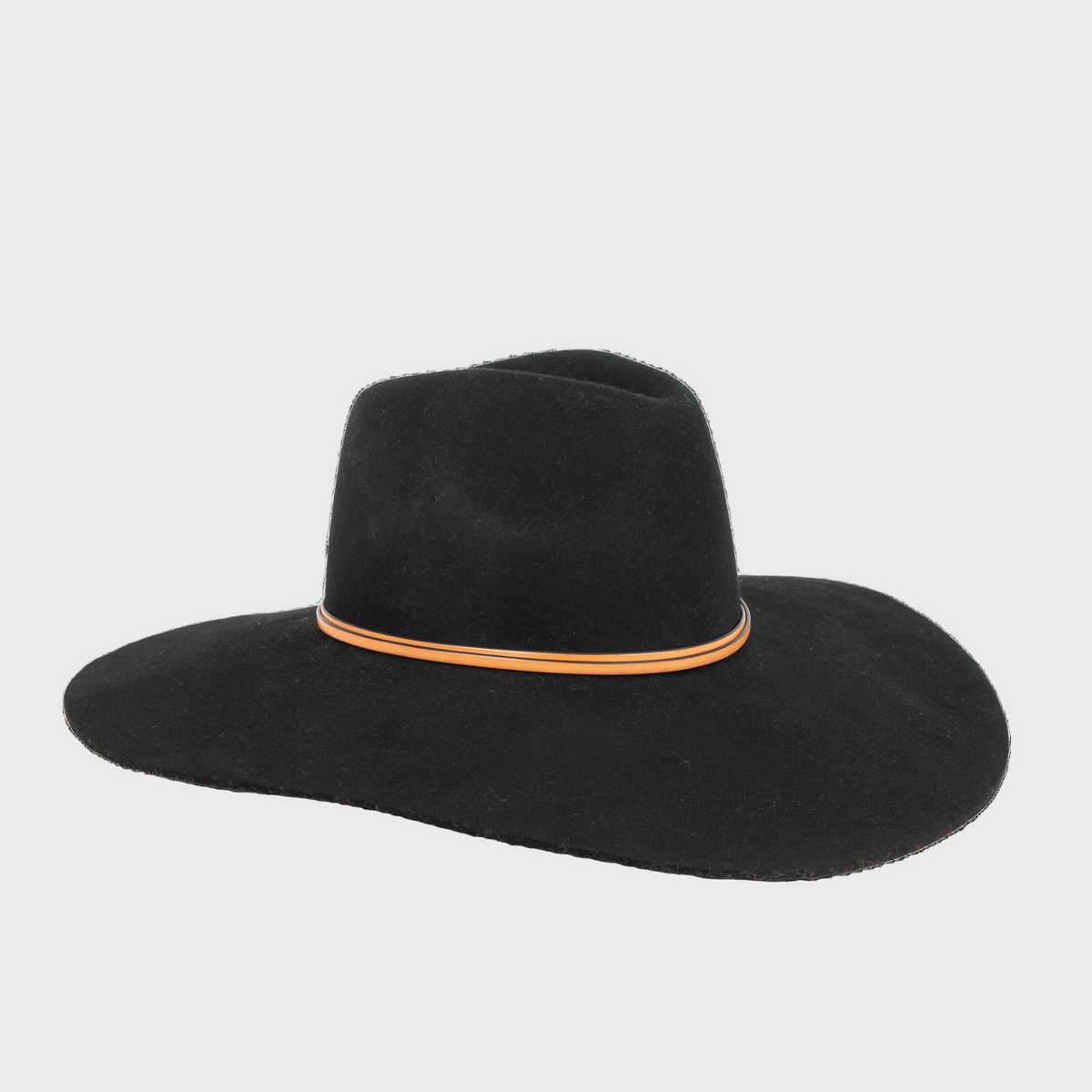 Black wide-brimmed wool hat with a brown leather band on a white background