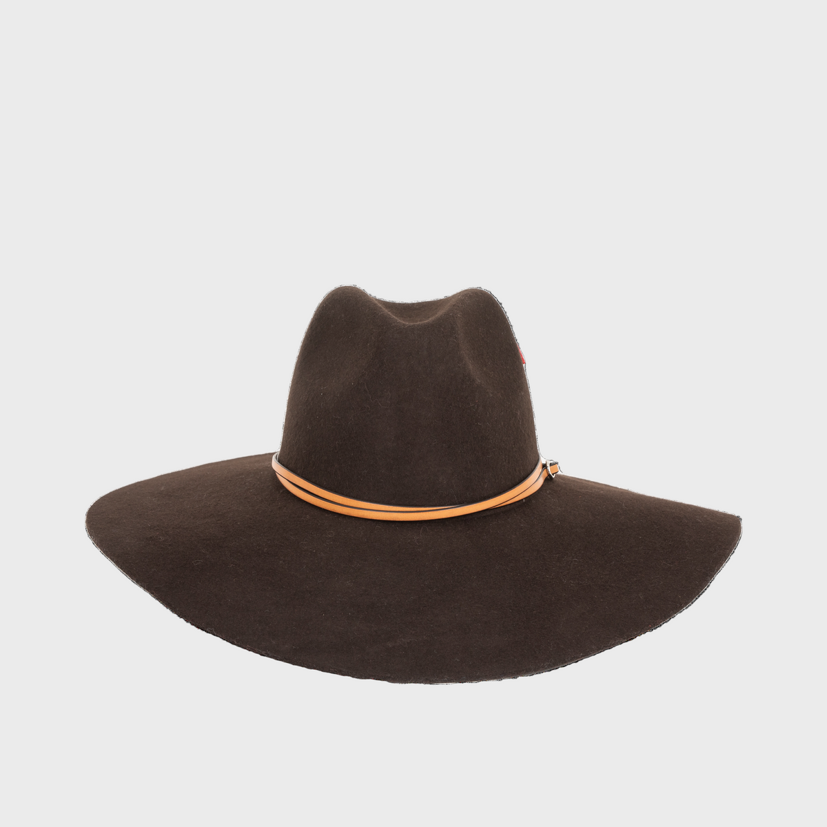 Brown wide-brimmed velvet hat with a brown leather band on a light gray background