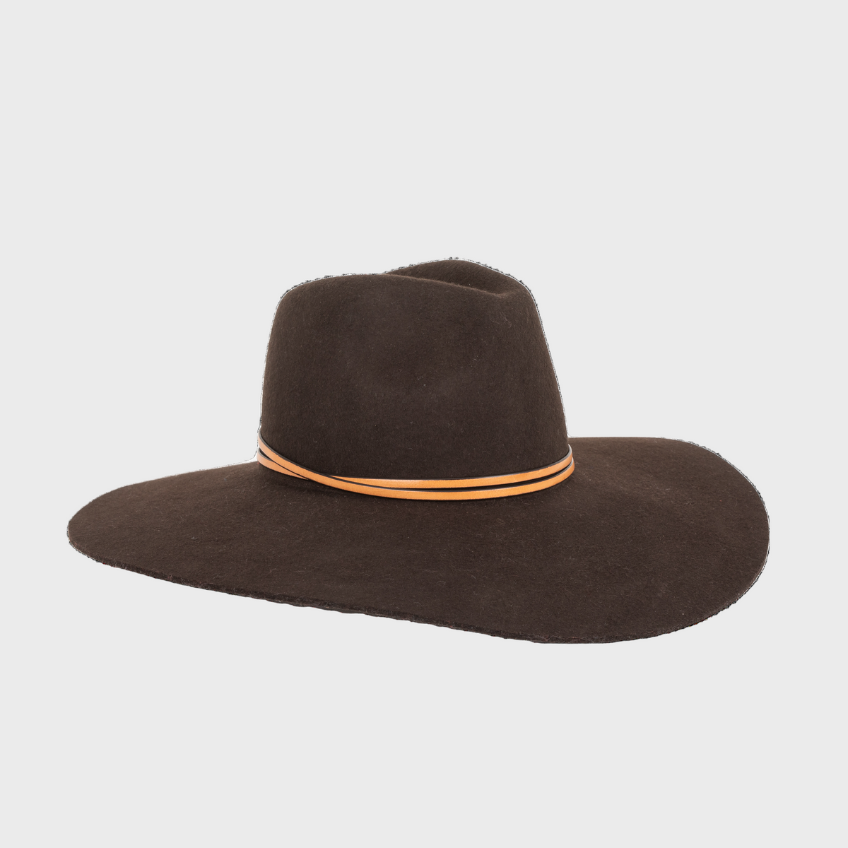 Brown wide-brimmed velvet hat with a thin brown leather band on a light gray background