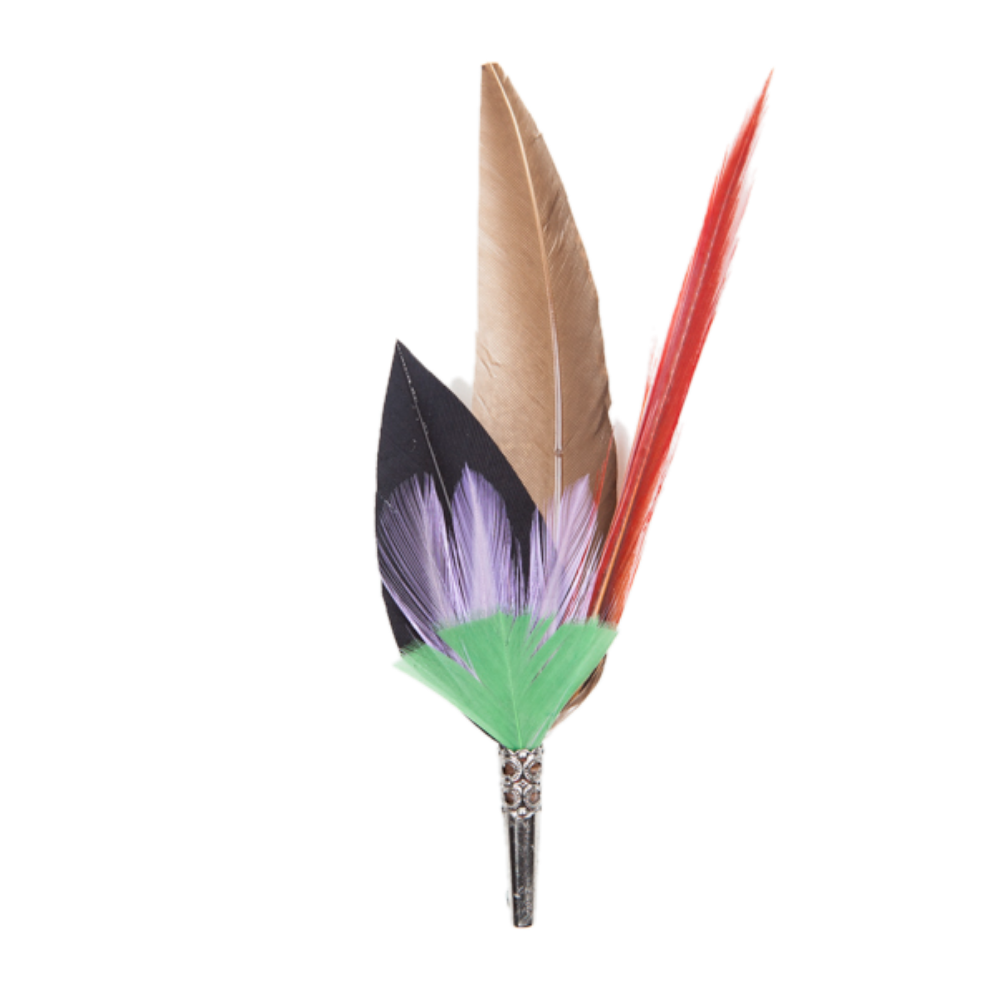 A feather brooch with green, purple, red, beige and black feathers. 