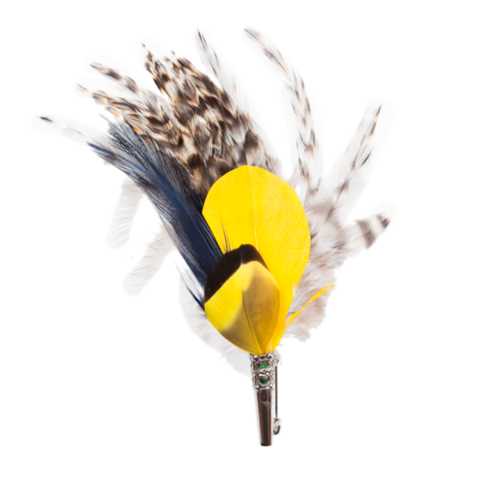A decorative feather brooch with a central yellow feather, surrounded by black and white feathers, attached to a pin backing.